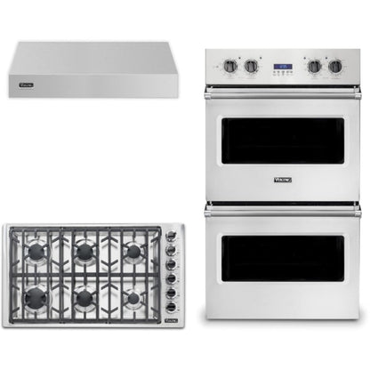 Viking 3-Piece Package 36 Inch Professional 5 Series Gas Cooktop and 30 Inch Built-In Double Electric Wall Ove and 36 Inch Wall Mount Range Hoo - VDOE130SS