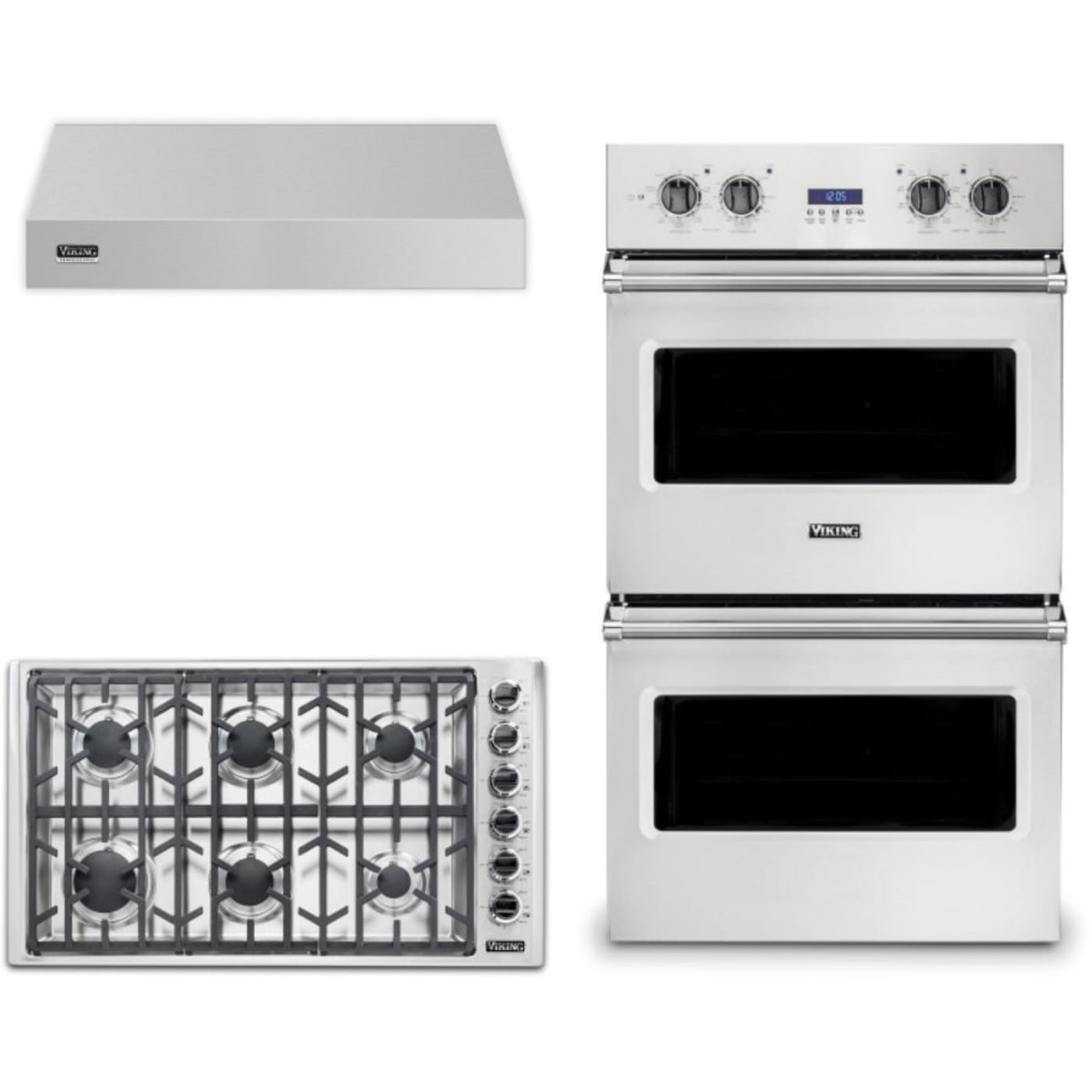 Viking 3-Piece Package 36 Inch Professional 5 Series Gas Cooktop and 27 Inch Double Convection Electric Wall Ove and 36 Inch Wall Mount Range Hoo - VDOE527SS