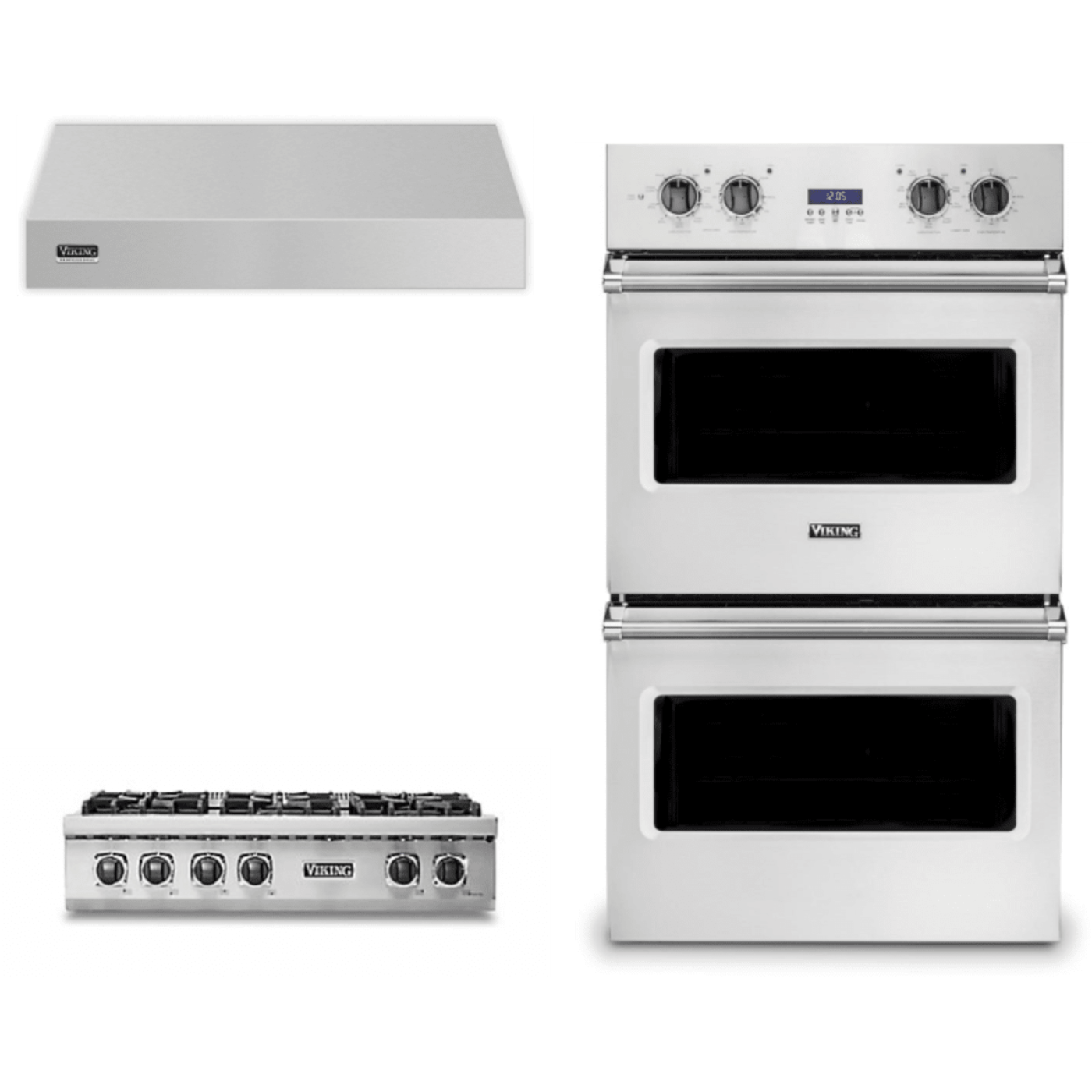 Viking 3-Piece Package 36 Inch Gas Rangetop and 30 Inch Built-In Double Electric Wall Ove and 36 Inch Wall Mount Range Hoo - VRT5366BSS