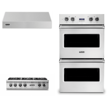 Viking 3-Piece Package 36 Inch Gas Rangetop and 30 Inch Built-In Double Electric Wall Ove and 36 Inch Wall Mount Range Hoo - VRT5366BSS