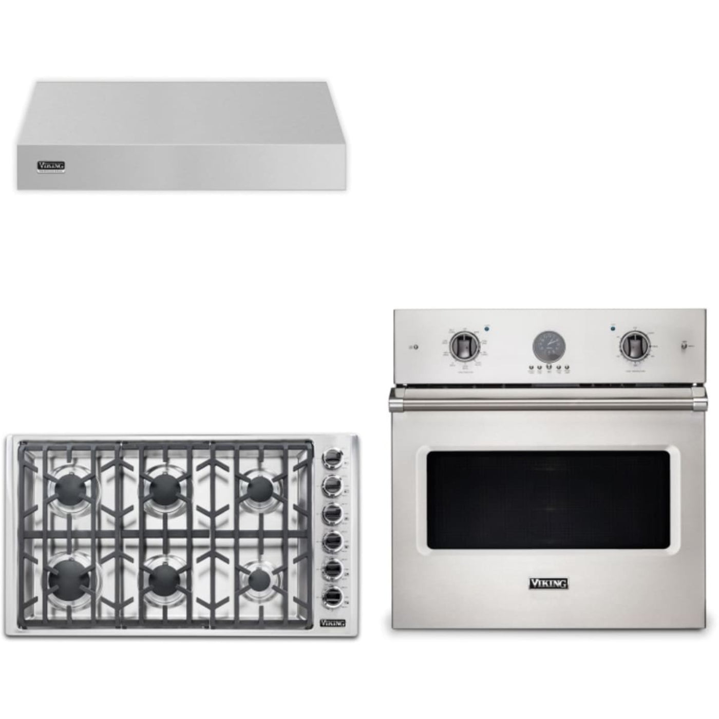 Viking 3-Piece Package 36 Inch Professional 5 Series Gas Cooktop and 30 Inch Single Wall Ove and 36 Inch Wall Mount Range Hoo - VSOE530SS
