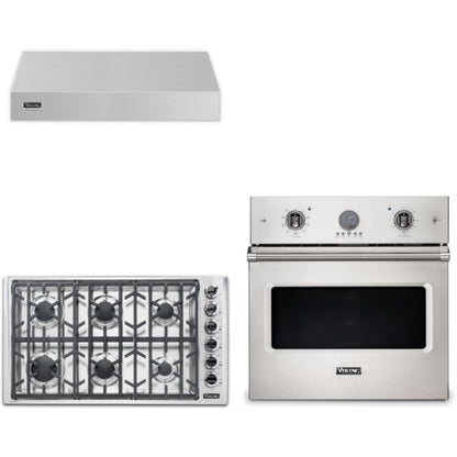 Viking 3-Piece Package 36 Inch Professional 5 Series Gas Cooktop and 30 Inch Single Wall Ove and 36 Inch Wall Mount Range Hoo - VSOE530SS