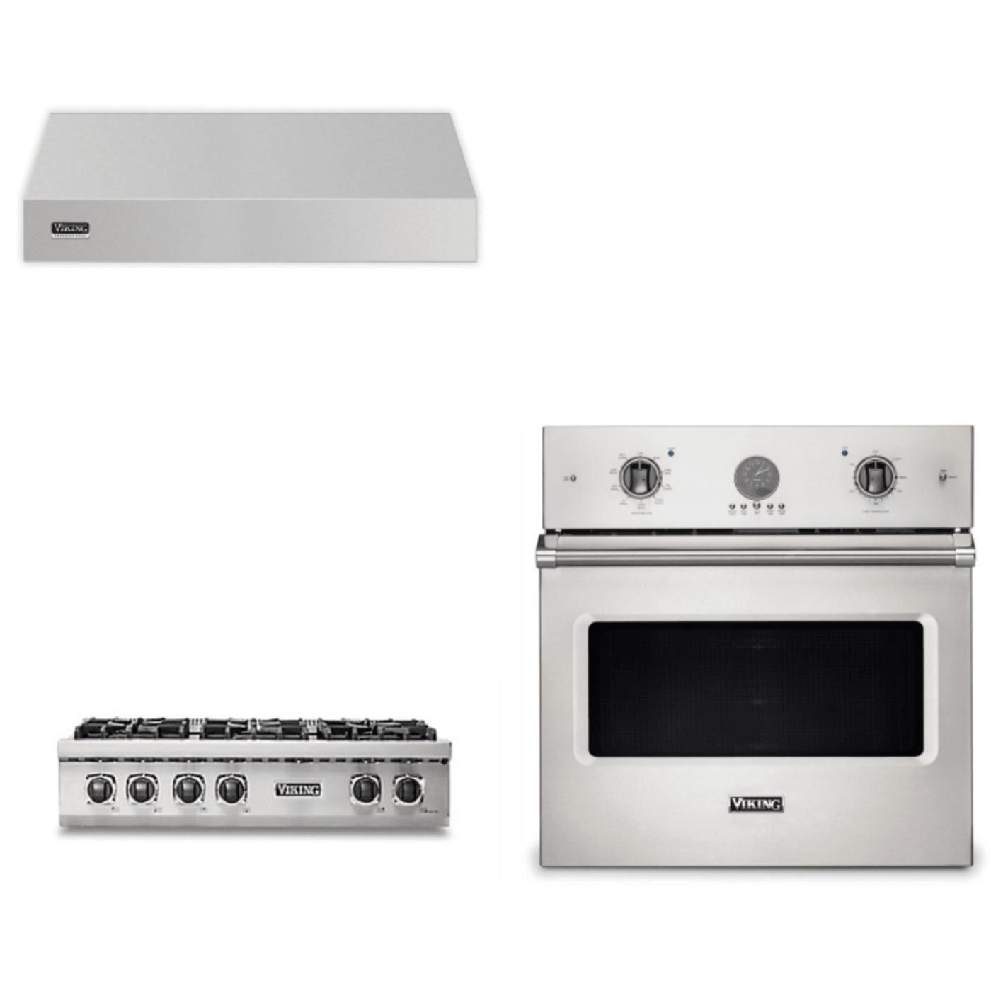 Viking 3-Piece Package 36 Inch Gas Rangetop and 30 Inch Single Wall Ove and 36 Inch Wall Mount Range Hoo - VSOE530SS