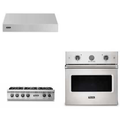 Viking 3-Piece Package 36 Inch Gas Rangetop and 30 Inch Single Wall Ove and 36 Inch Wall Mount Range Hoo - VSOE530SS