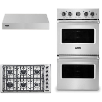 Viking 3-Piece Package 36 Inch Professional 5 Series Gas Cooktop and 27 Inch Double Convection Electric Wall Ove and 36 Inch Wall Mount Range Hoo - VGSU53616BSSLP