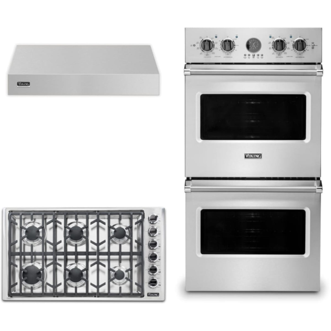 Viking 3-Piece Package 36 Inch Professional 5 Series Gas Cooktop and 27 Inch Double Convection Electric Wall Ove and 36 Inch Wall Mount Range Hoo - VDOE527SS