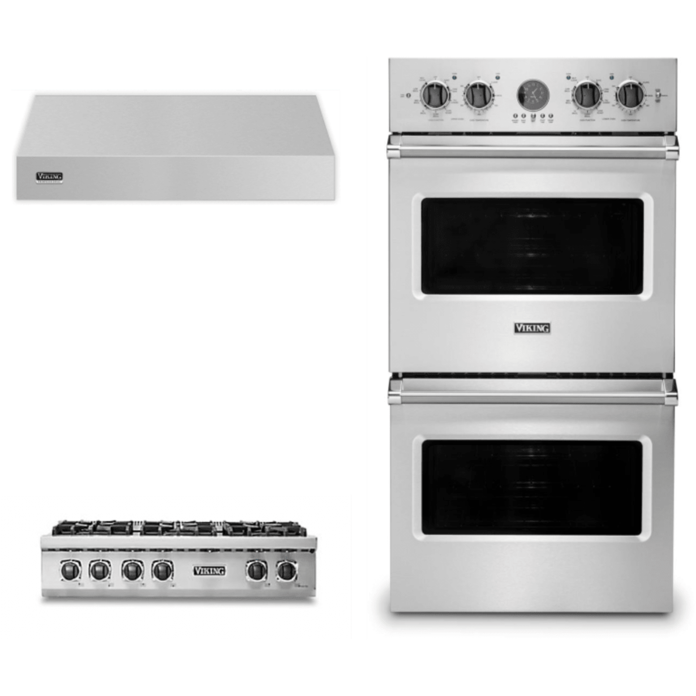 Viking 3-Piece Package 36 Inch Gas Rangetop and VDOE527SS 27 Inch Double Convection Electric Wall Ove and VWH536121SS 36 Inch Wall Mount Range Hoo - VRT5366BSS