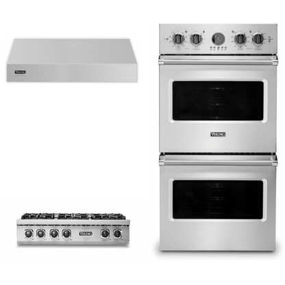 Viking 3-Piece Package 36 Inch Gas Rangetop and VDOE527SS 27 Inch Double Convection Electric Wall Ove and VWH536121SS 36 Inch Wall Mount Range Hoo - VRT5366BSS