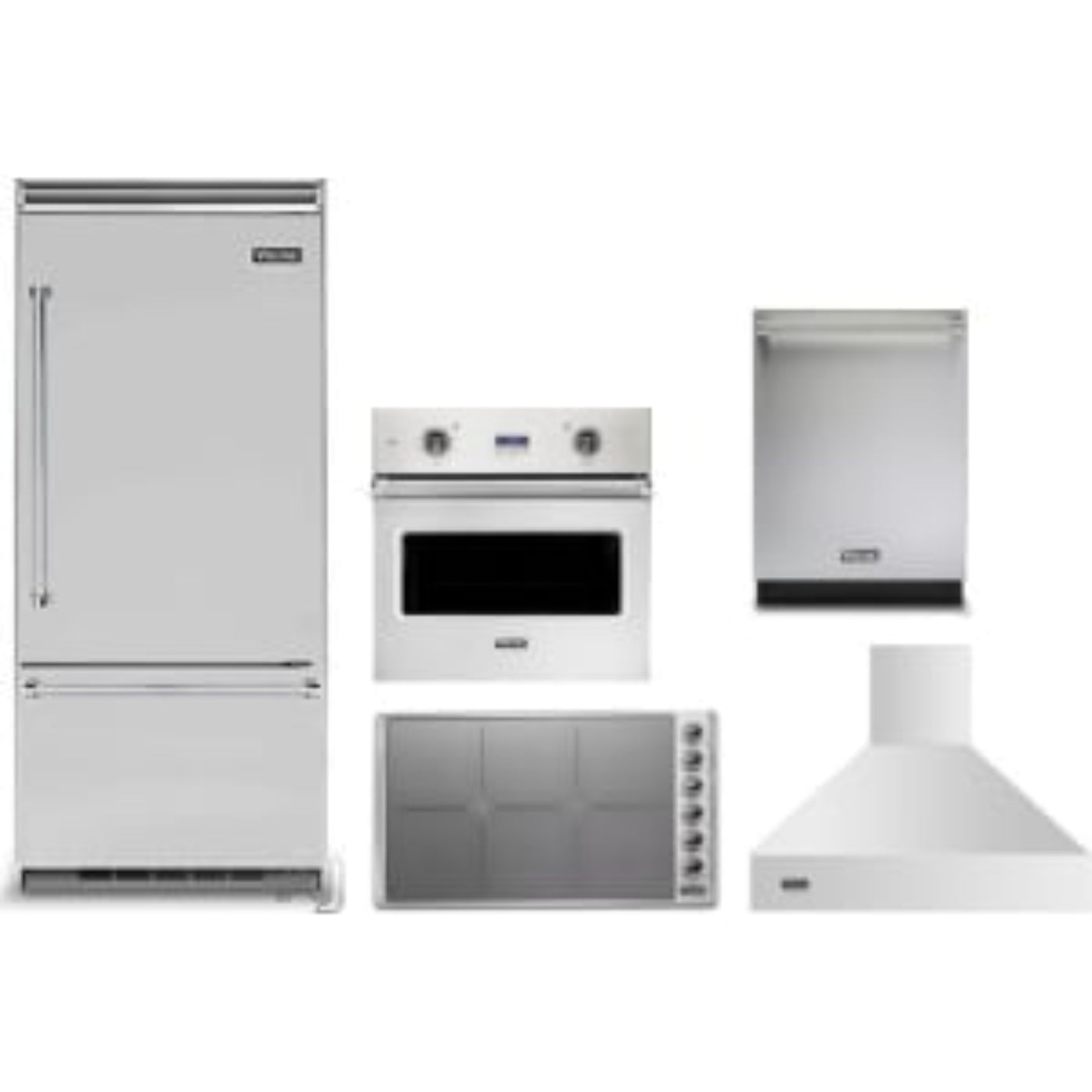 Viking 5-Piece Package 36 Built-In Bottom Mount Refrigerator and 36 Induction Cooktop and 30 Professional 5 Series Single Wall Oven and 24 Integrated Dishwasher and 36 Wall Mount Range Hood - VDWU524SS