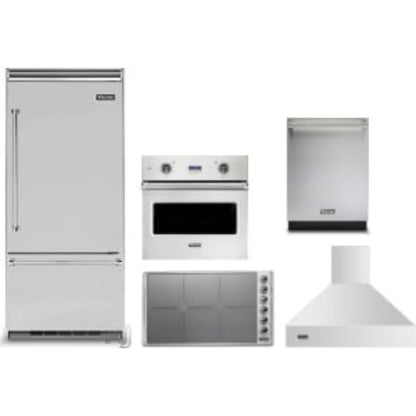 Viking 5-Piece Package 36 Built-In Bottom Mount Refrigerator and 36 Induction Cooktop and 30 Professional 5 Series Single Wall Oven and 24 Integrated Dishwasher and 36 Wall Mount Range Hood - VDWU524SS