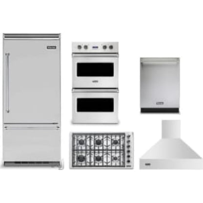 Viking 5-Piece Package 36 Built-In Bottom Mount Refrigerator and 36 Professional 5 Series Gas Cooktop and 30 Double Electric Wall Oven and 24 Integrated Dishwasher and 36 Wall Mount Range Hood - VCBB5364RSS