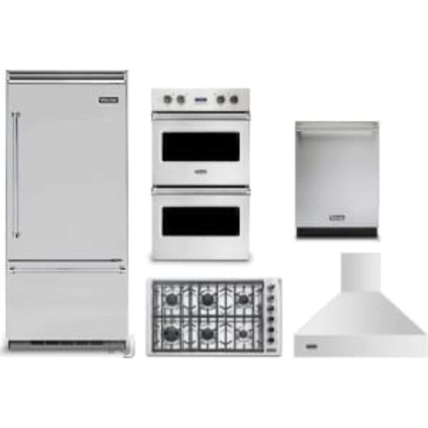 Viking 5-Piece Package 36 Built-In Bottom Mount Refrigerator and 36 Professional 5 Series Gas Cooktop and 30 Double Electric Wall Oven and 24 Integrated Dishwasher and 36 Wall Mount Range Hood - VCBB5364RSS
