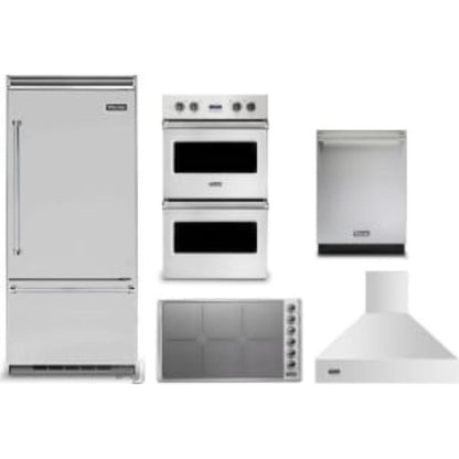 Viking 5-Piece Package 36 Built-In Bottom Mount Refrigerator and 36 Induction Cooktop and VDOE130SS 30 Double Electric Wall Oven and 24 Integrated Dishwasher and 36 Wall Mount Range Hood - VCBB5364RSS