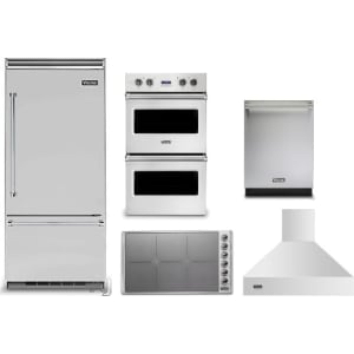 Viking 5-Piece Package 36 Built-In Bottom Mount Refrigerator and 36 Induction Cooktop and VDOE130SS 30 Double Electric Wall Oven and 24 Integrated Dishwasher and 36 Wall Mount Range Hood - VCBB5364RSS