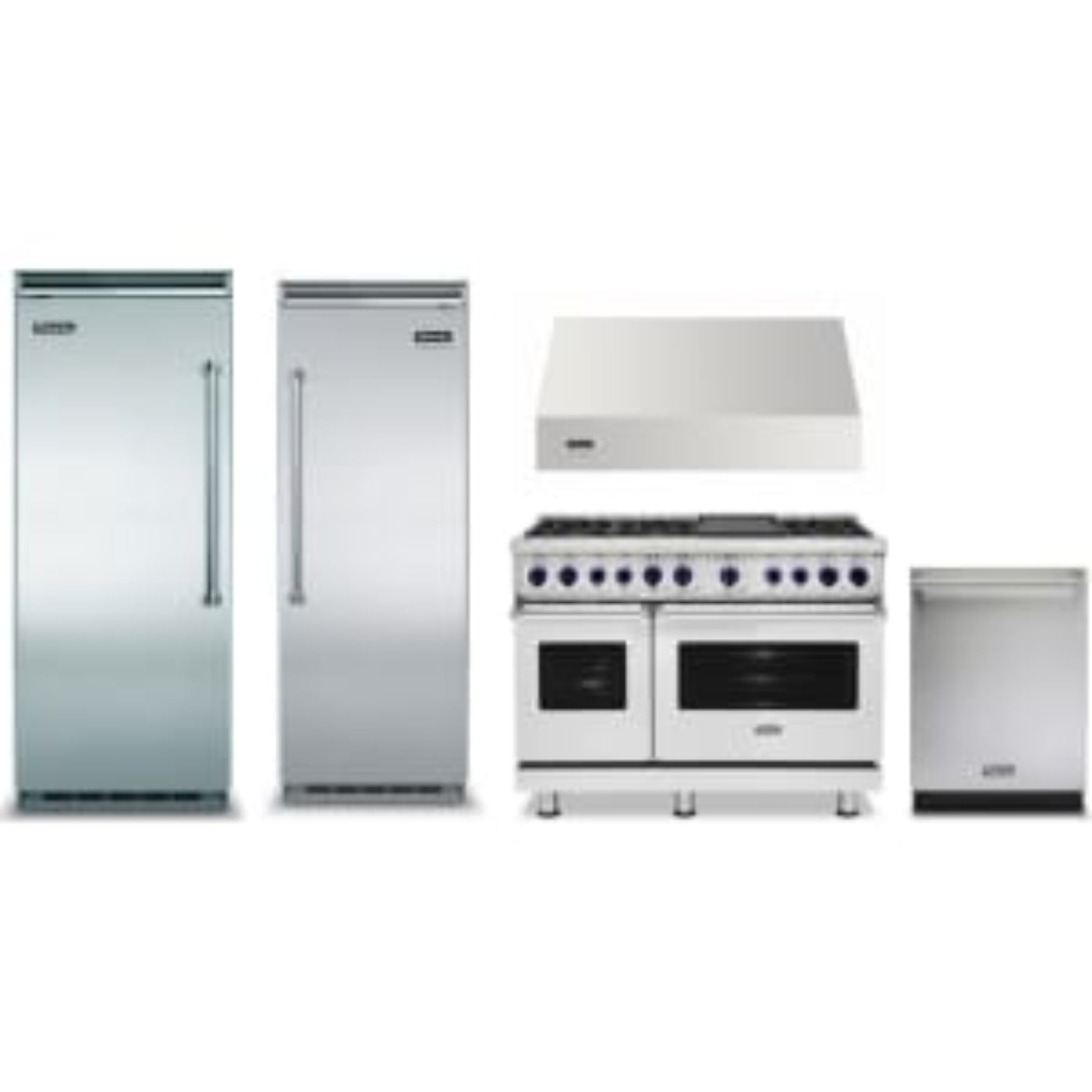 Viking 5-Piece Package 30 Built-In Column Refrigerator and 30 Built-In Column Freezer and 48 Freestanding Dual Fuel Range and 24 Integrated Dishwasher and 48 Wall Mount Range Hood - VCRB5304LSS