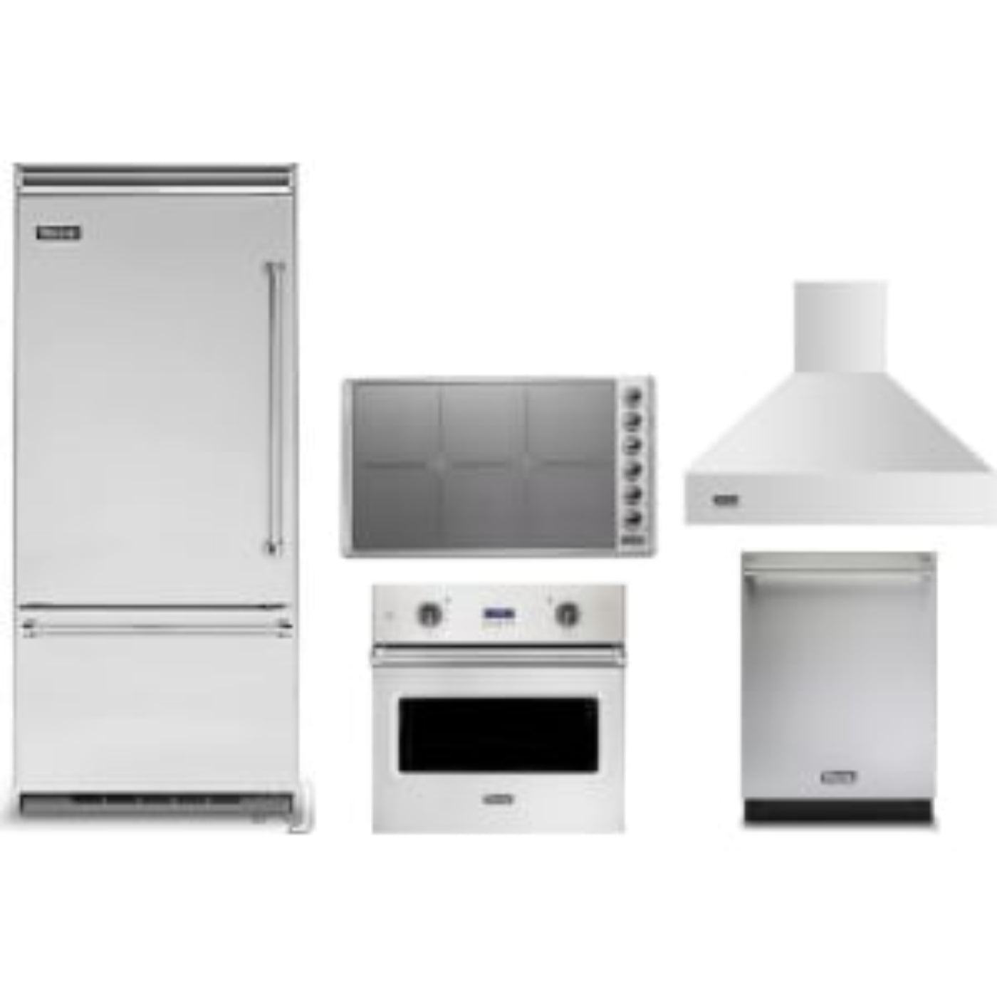 Viking 5-Piece Package 36 Built-In Bottom Mount Refrigerator and 36 Induction Cooktop and VSOE130SS 30 Professional 5 Series Single Wall Oven and 24 Integrated Dishwasher and 36 Wall Mount Range Hood - VCBB5364LSS