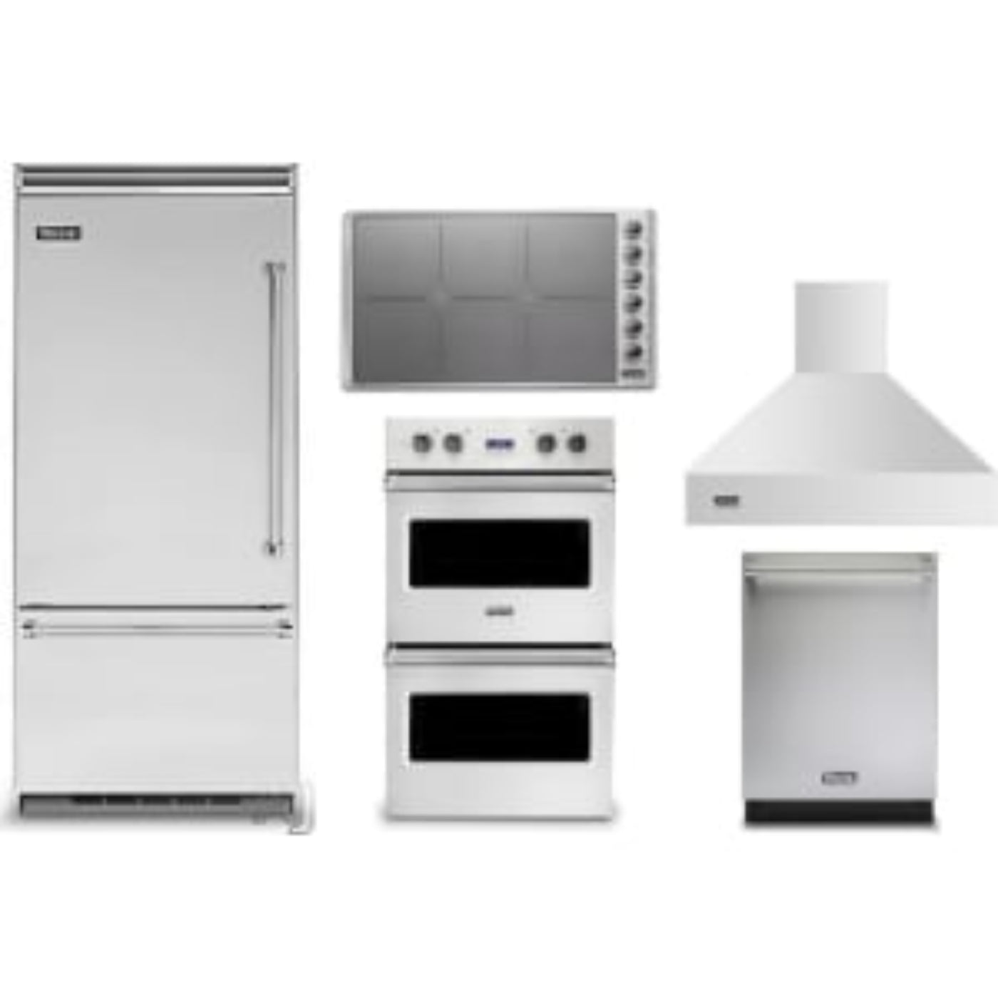 Viking 5-Piece Package 36 Built-In Bottom Mount Refrigerator and 36 Induction Cooktop and 30 Double Electric Wall Oven and 24 Integrated Dishwasher and 36 Wall Mount Range Hood - VCBB5364LSS