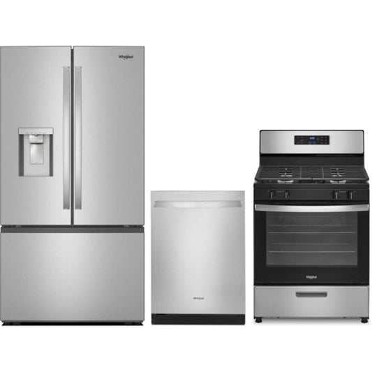 Whirlpool 3-Piece Package 36 Inch Freestanding French Door Refrigerator and WSGS7530RZ 30 Inch Slide-In Gas Smart Range and WDT730HAMZ 24 Inch Fully Integrated Dishwasher - WRFF3536SZ
