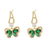 925 Silver Zircon Vintage Green Crystal Butterfly Drop Earrings