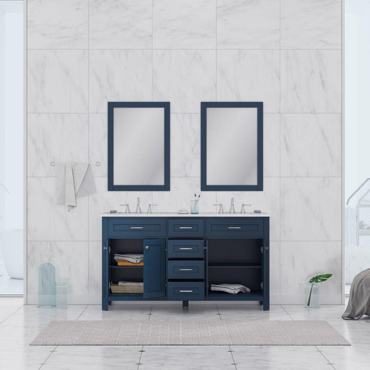Alya Bath Norwalk 60" Double Blue Freestanding Bathroom Vanity With Carrara Marble Top, Ceramic Sinks and Two Mirrors - HE-101-60D-B-CWMT + 2x HE-101/102-24-B-M