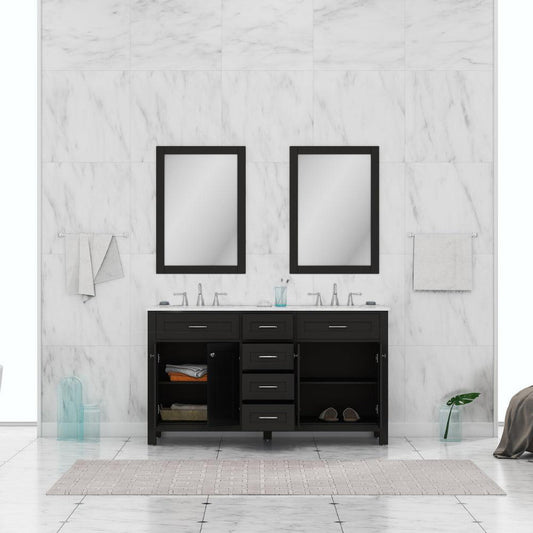 Alya Bath Norwalk 60" Double Espresso Freestanding  Bathroom Vanity With Carrara Marble Top, Ceramic Sinks and Two Mirrors