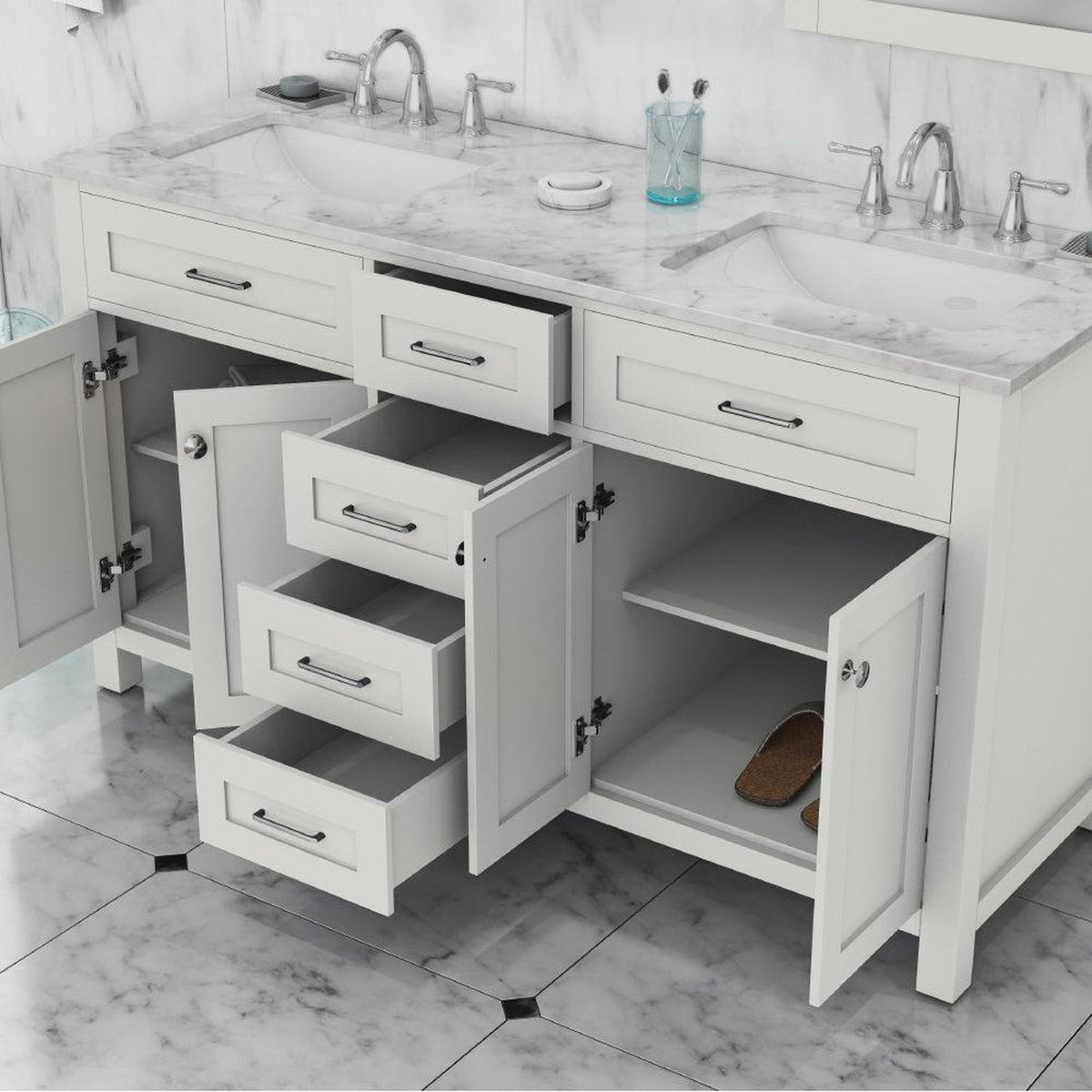Alya Bath Norwalk 60" Double White Freestanding  Bathroom Vanity With Carrara Marble Top, Ceramic Sink and Two Mirrors - HE-101-60D-W-CWMT + 2x HE-101/102-24-W-M