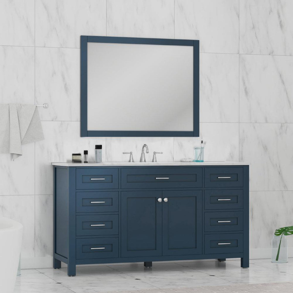 Alya Bath Norwalk 60" Single Blue Freestanding Bathroom Vanity With Carrara Marble Top, Ceramic Sink and Wall Mounted Mirror - HE-101-60S-B-CWMT