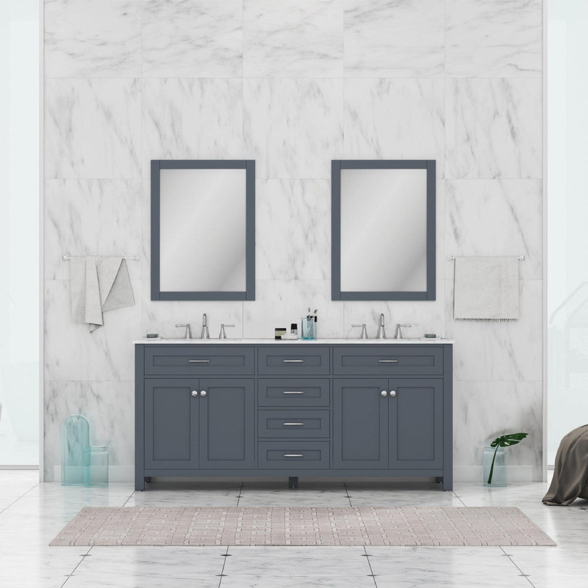 Alya Bath Norwalk 72" Double Gray Freestanding Bathroom Vanity With Carrara Marble Top, Ceramic Sink and Two Mirrors - HE-101-72D-G-CWMT + 2x HE-101/102-30-G-M