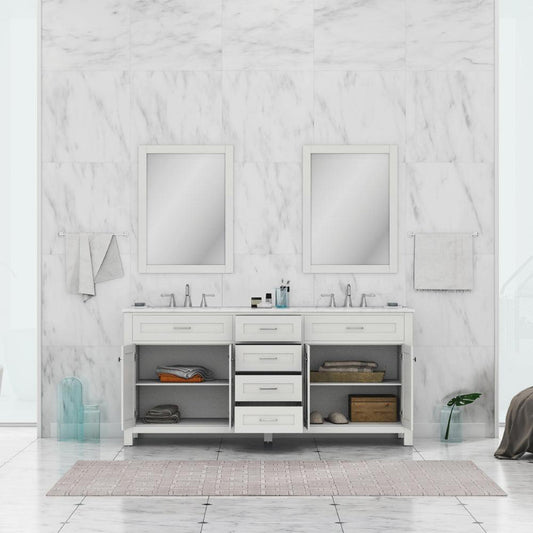 Alya Bath Norwalk 72" Double White Freestanding  Bathroom Vanity With Carrara Marble Top,  - HE-101-72D-W-CWMT + 2x HE-101/102-30-W-MCeramic Sink and Two Mirrors