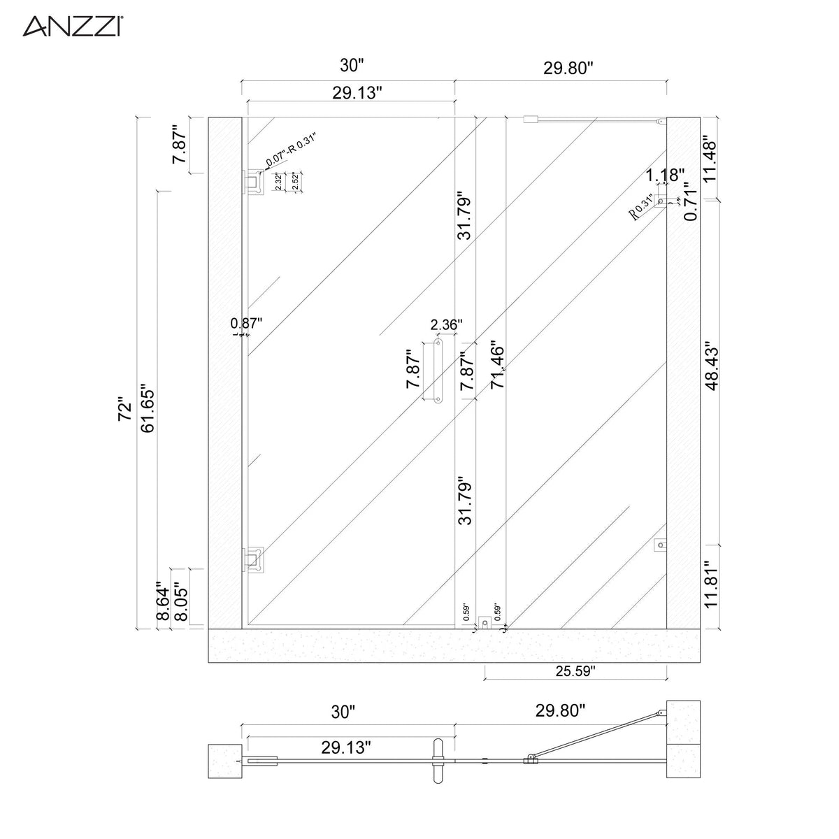 Anzzi Makata Series 60 in. by 72 in. Frameless Hinged Alcove Shower Door with Handle SD-AZ8073-01 - SD-AZ8073-01BN