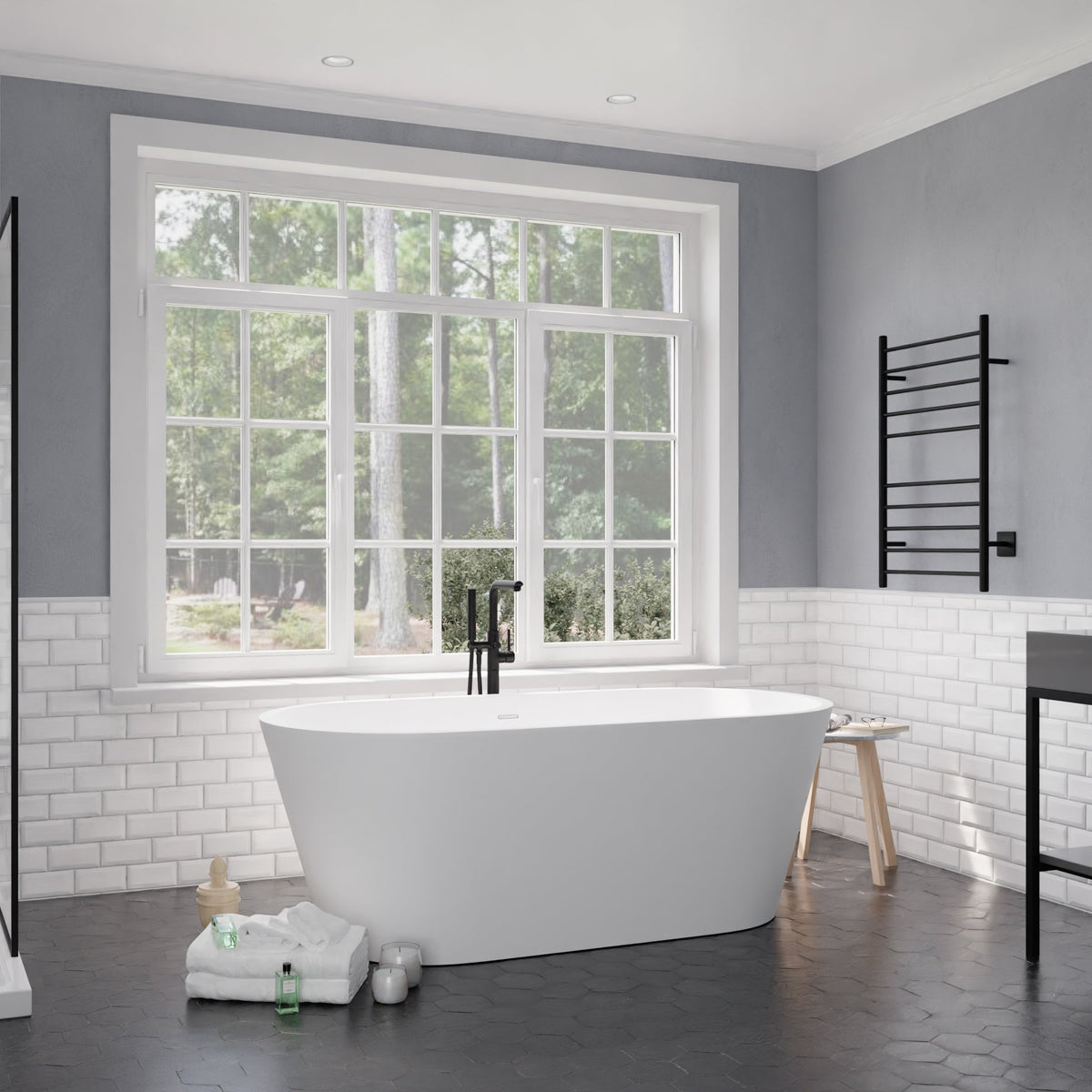Anzzi Roccia 5.1 ft. Solid Surface Center Drain Freestanding Bathtub in Matte White FT-AZ505 - FT-AZ505