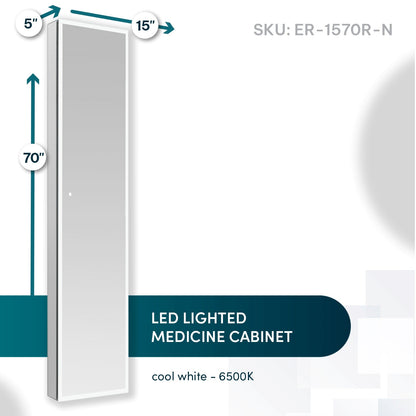 Aquadom Edge Royale 15" x 70" Right Hinged Medicine Cabinet With Lighting, Defogger, Integrated LED 3X Magnifying Mirror, 8mm Clear Adjustable Glass Shelves and Electrical Outlet With USB - ER-1570R-N