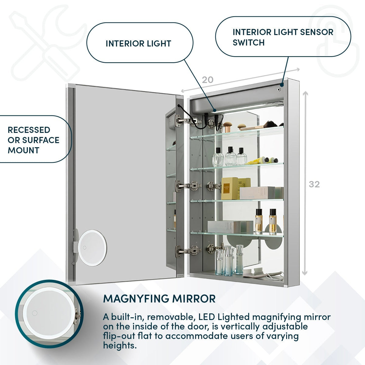 Aquadom Edge Royale 20" x 32" Left Hinged Medicine Cabinet With Lighting, Defogger, Integrated LED 3X Magnifying Mirror, 8mm Clear Adjustable Glass Shelves and Electrical Outlet With USB - ER-2032L-N