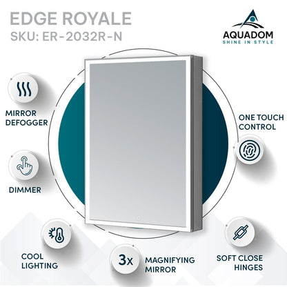 Aquadom Edge Royale 20" x 32" Right Hinged Medicine Cabinet With Lighting, Defogger, Integrated LED 3X Magnifying Mirror, 8mm Clear Adjustable Glass Shelves and Electrical Outlet With USB - ER-2032R-N