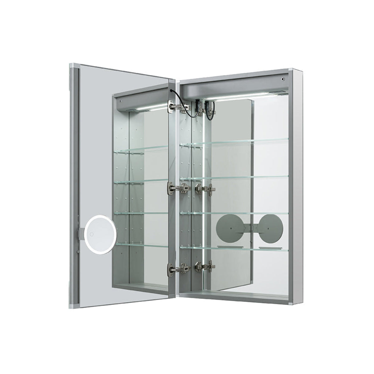 Aquadom Edge Royale 20" x 32" Right Hinged Medicine Cabinet With Lighting, Defogger, Integrated LED 3X Magnifying Mirror, 8mm Clear Adjustable Glass Shelves and Electrical Outlet With USB - ER-2032R-N