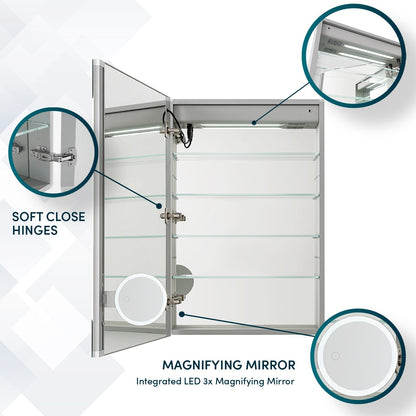 Aquadom Edge Royale 24" x 32" Left Hinged Medicine Cabinet With Lighting, Defogger, Integrated LED 3X Magnifying Mirror, 8mm Clear Adjustable Glass Shelves and Electrical Outlet With USB - ER-2432L-N