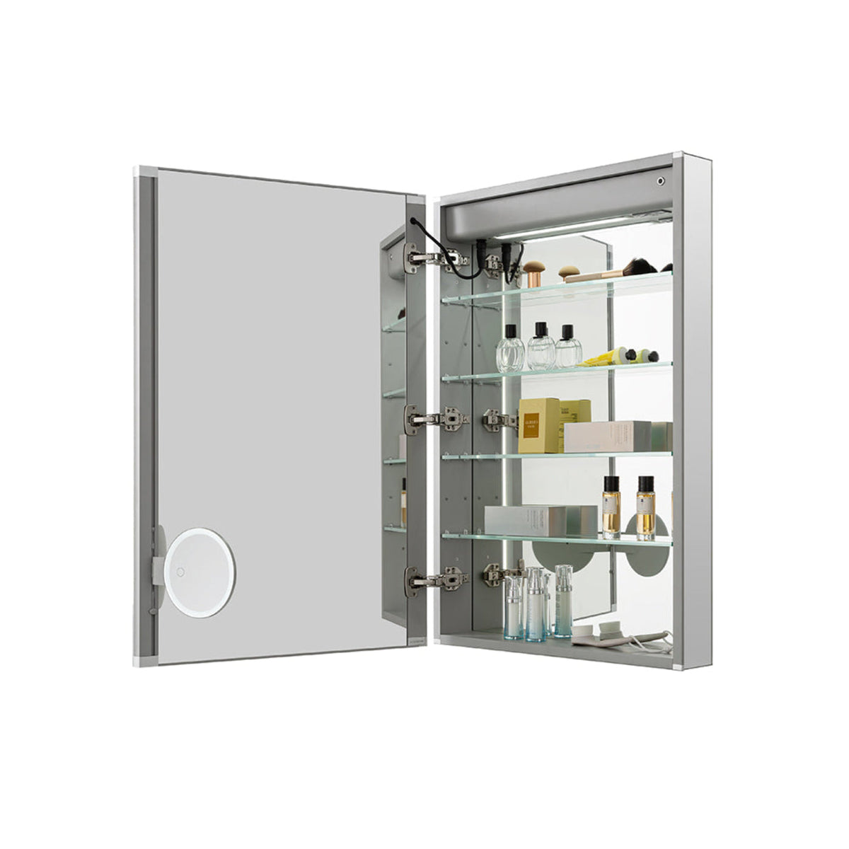 Aquadom Edge Royale 24" x 32" Left Hinged Medicine Cabinet With Lighting, Defogger, Integrated LED 3X Magnifying Mirror, 8mm Clear Adjustable Glass Shelves and Electrical Outlet With USB - ER-2432L-N