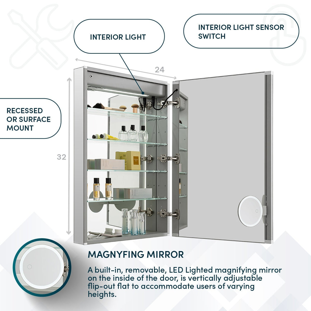 Aquadom Edge Royale 24" x 32" Right Hinged Medicine Cabinet With Lighting, Defogger, Integrated LED 3X Magnifying Mirror, 8mm Clear Adjustable Glass Shelves and Electrical Outlet With USB - ER-2432R-N
