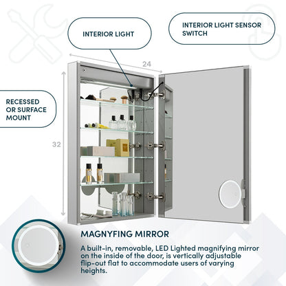 Aquadom Edge Royale 24" x 32" Right Hinged Medicine Cabinet With Lighting, Defogger, Integrated LED 3X Magnifying Mirror, 8mm Clear Adjustable Glass Shelves and Electrical Outlet With USB - ER-2432R-N