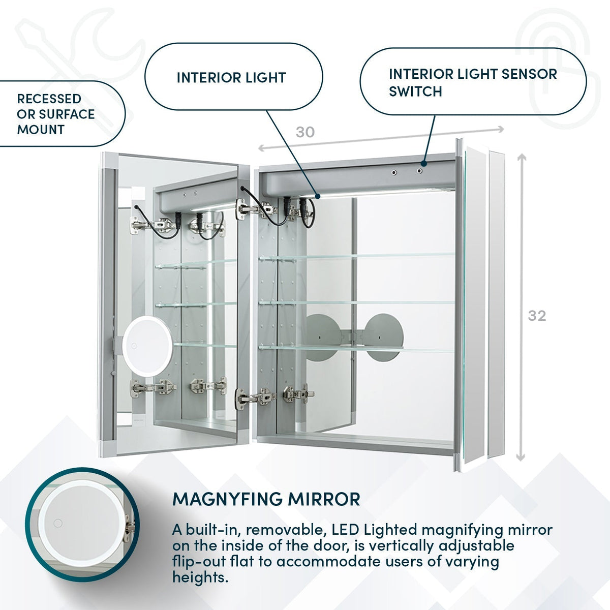 Aquadom Edge Royale 30" x 32" LED Lighted Medicine Cabinet With Defogger, Integrated LED 3X Magnifying Mirror, 8mm Clear Adjustable Glass Shelves and Electrical Outlet With USB - ER-3032-N