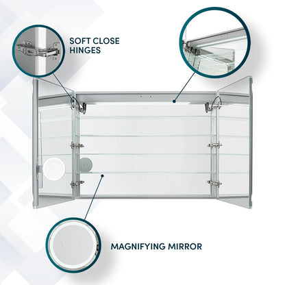 Aquadom Edge Royale 48" x 32" LED Lighted Medicine Cabinet With Defogger, Integrated LED 3X Magnifying Mirror, 8mm Clear Adjustable Glass Shelves and Electrical Outlet With USB - ER-4832-N