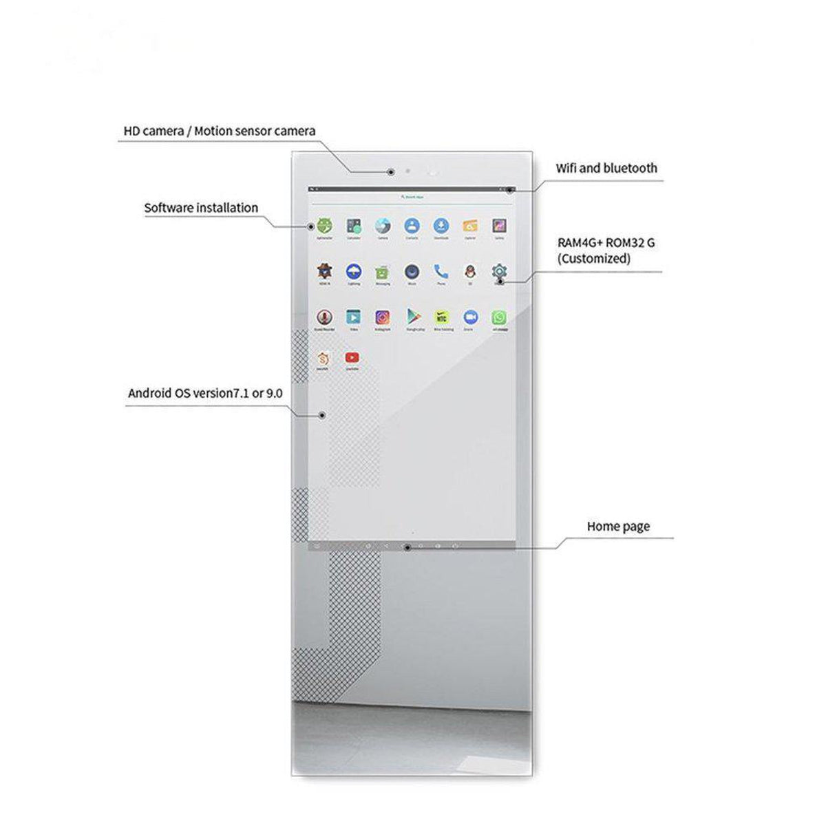 Aquadom Energy 18" X 48" Smart Fitness Mirror With 5MP HD Camera and Body Fat Scale - NRG-1848-HD-BFS