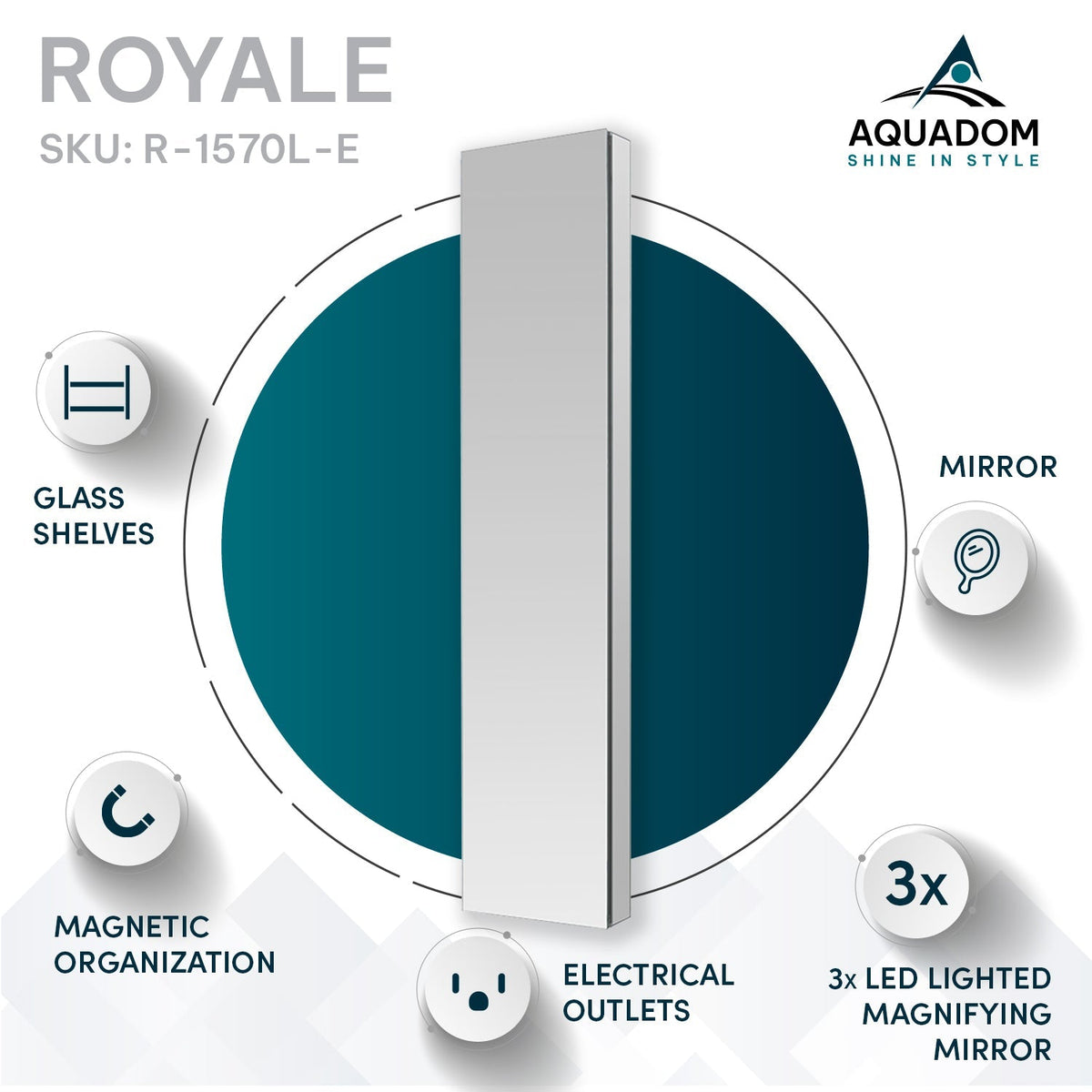 Aquadom Royale 15" x 70" Rectangular Left-Hinged Recessed or Surface Mount Medicine Cabinet With LED Lighting, Touch Screen Button, Defogger - R-1570L-E