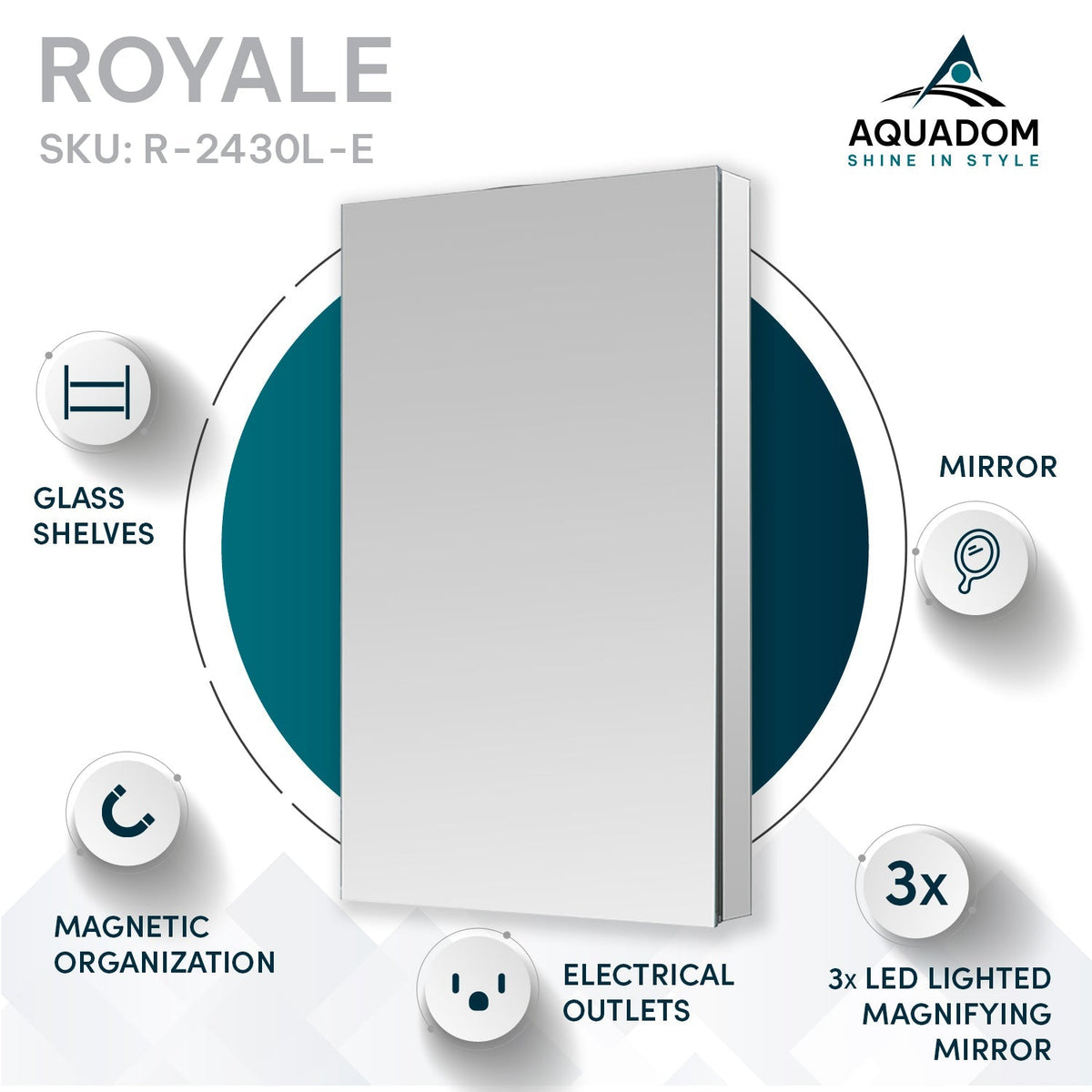 Aquadom Royale 24" x 30" Rectangular Left-Hinged Recessed or Surface Mount Medicine Cabinet With LED Lighting, Touch Screen Button, Defogger - R-2430L-E