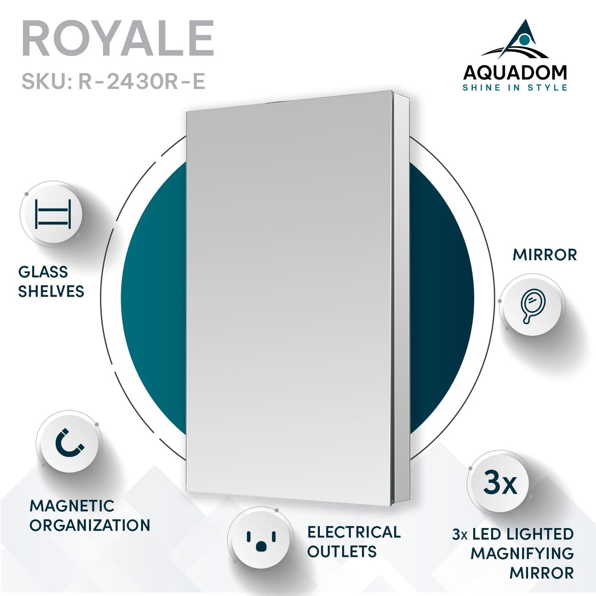 Aquadom Royale 24" x 30" Rectangular Right-Hinged Recessed or Surface Mount Medicine Cabinet With LED Lighting, Touch Screen Button, Defogger - R-2430R-E