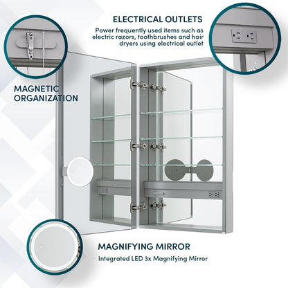 Aquadom Royale 24" x 36" Rectangular Left-Hinged Recessed or Surface Mount Medicine Cabinet With LED Lighting, Touch Screen Button, Defogger - R-2436L-E