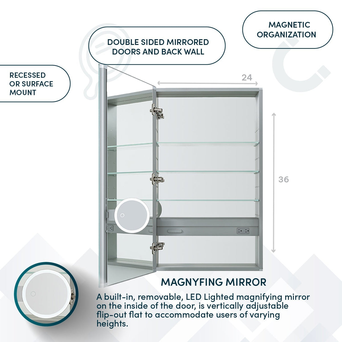 Aquadom Royale 24" x 36" Rectangular Left-Hinged Recessed or Surface Mount Medicine Cabinet With LED Lighting, Touch Screen Button, Defogger - R-2436L-E