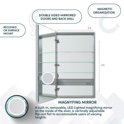 Aquadom Royale 24" x 36" Rectangular Left-Hinged Recessed or Surface Mount Medicine Cabinet With LED Lighting, Touch Screen Button, Defogger - R-2436L-E
