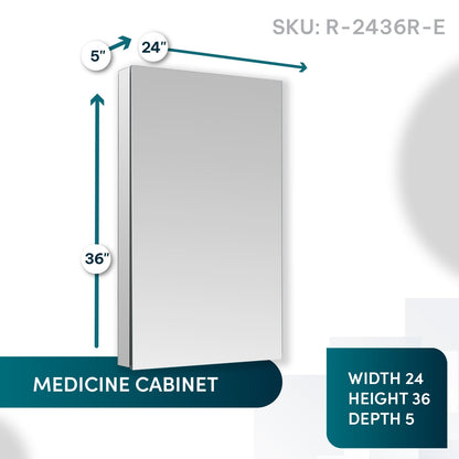 Aquadom Royale 24" x 36" Rectangular Right-Hinged Recessed or Surface Mount Medicine Cabinet With LED Lighting, Touch Screen Button, Defogger - R-2436R-E