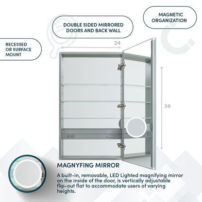 Aquadom Royale 24" x 36" Rectangular Right-Hinged Recessed or Surface Mount Medicine Cabinet With LED Lighting, Touch Screen Button, Defogger - R-2436R-E